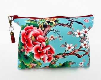 Gifts for her, Canvas Wash bag, Cherry bloosom, chinoiserie, humming birds, travel bag, cosmetic bag, zip bag.