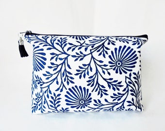 Canvas Wash bag, Blue Indian print, Block print, dumpy bag, boxy bag, cosmetic bag, zip bag, make up bag.