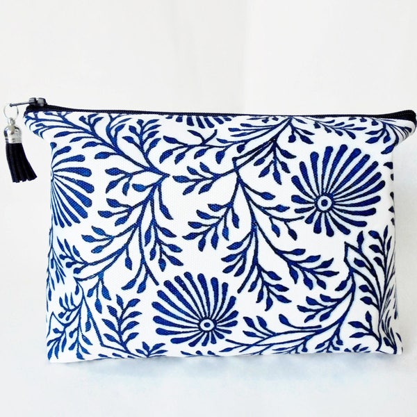 Canvas Wash bag, Blue Indian print, Block print, dumpy bag, boxy bag, cosmetic bag, zip bag, make up bag.