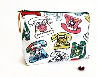 Gifts for her, Wash bag,retro telephone, travel bag, cosmetic bag, zip bag, make up bag.