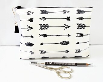 Gifts for her, Wash bag, arrow print, travel bag, cosmetic bag, zip bag, make up bag.