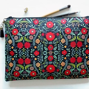 Gifts for her, Folky floral, folk pocket bag, travel bag, cosmetic bag, zip bag, make up bag, cosmetic pouch. image 1