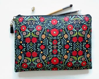 Gifts for her, Folky floral, folk pocket bag, travel bag, cosmetic bag, zip bag, make up bag, cosmetic pouch.
