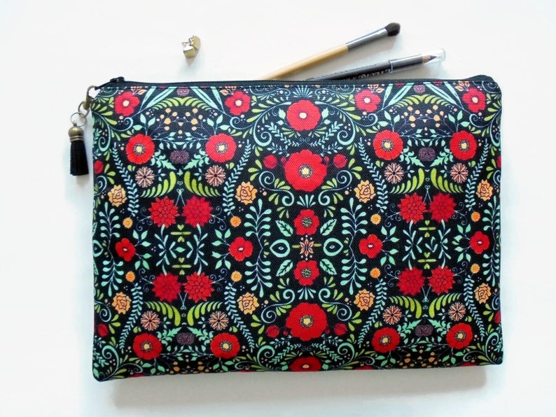 Gifts for her, Folky floral, folk pocket bag, travel bag, cosmetic bag, zip bag, make up bag, cosmetic pouch. image 1