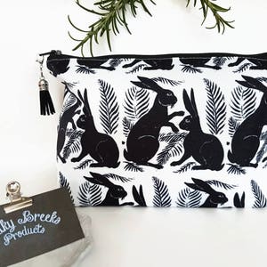 Hare print makeup bag,mothers day gift,bunnies gift,rabbits gift,monochrome toiletries bag,block print,black and white zipper pouch,canvas. image 1