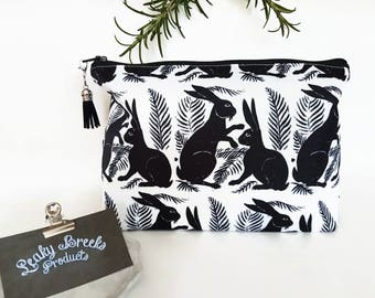 Hare print makeup bag,mothers day gift,bunnies gift,rabbits gift,monochrome toiletries bag,block print,black and white zipper pouch,canvas.