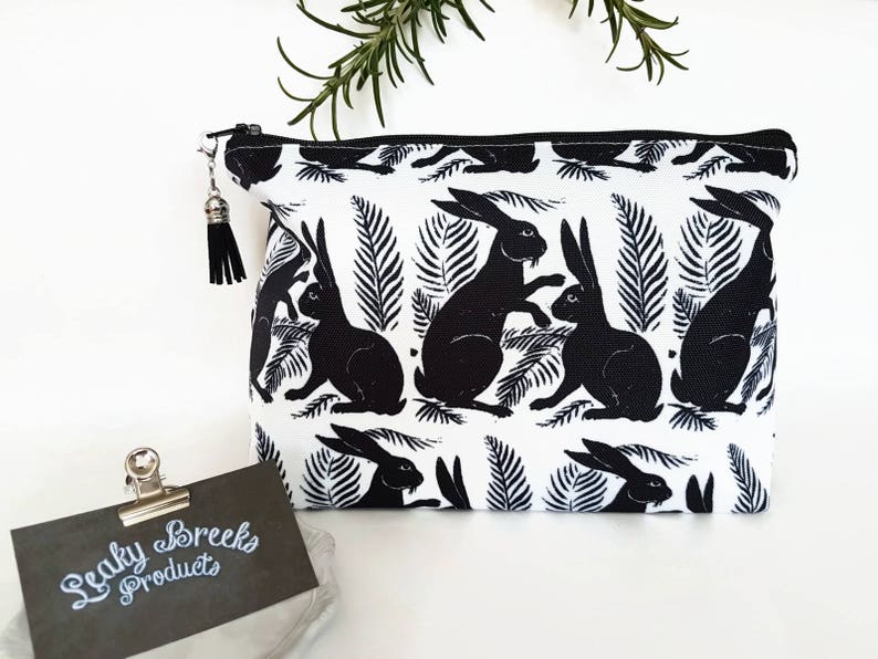 Hare print makeup bag,mothers day gift,bunnies gift,rabbits gift,monochrome toiletries bag,block print,black and white zipper pouch,canvas. image 1