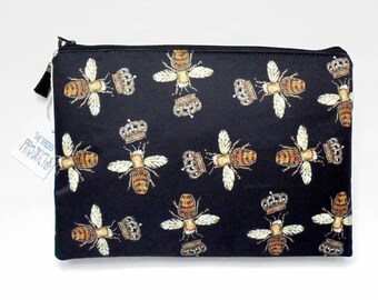 Gifts for her, Wash bag, Golden embroidered bumble bee print, travel bag, cosmetic bag, zip bag, make up bag, womens gift idea.