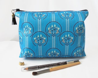 Gifts for her, Wash bag, art deco, turquoise, travel bag, cosmetic bag, zip bag, make up bag.