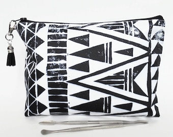 Gifts for her, Wash bag, aztec, tribal, monochrome, arrows, geo mix, travel bag, cosmetic bag, zip bag, make up bag, cosmetic pouch.