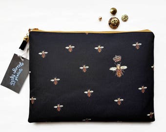 Gifts for her,Large Wash bag,queen bees fabric,gold bees,gift for mum,travel bag,cosmetic bag,zip bag,makeup bag,toiletry bag,black and gold