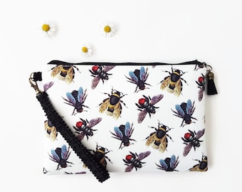 Bees  wristlet clutch,travel bag with 6 credit card pockets and phone seperator.vintage style bumble bees,travel wallet with pockets.