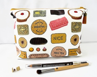 Gifts for her, Wash bag, british biscuits, travel bag, cosmetic bag, zip bag, make up bag.