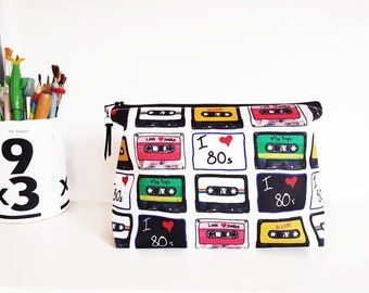 Cassettes tape print, Canvas Wash bag, retro print, Dumpy bag, cosmetic bag, zip bag, make up bag.