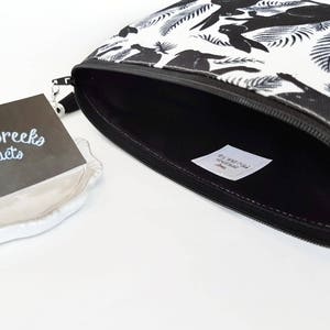 Hare print makeup bag,mothers day gift,bunnies gift,rabbits gift,monochrome toiletries bag,block print,black and white zipper pouch,canvas. image 3