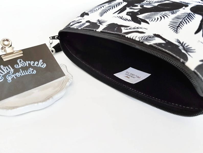 Hare print makeup bag,mothers day gift,bunnies gift,rabbits gift,monochrome toiletries bag,block print,black and white zipper pouch,canvas. image 3