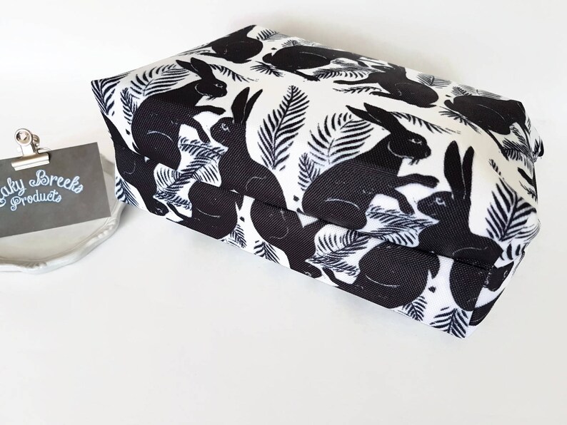 Hare print makeup bag,mothers day gift,bunnies gift,rabbits gift,monochrome toiletries bag,block print,black and white zipper pouch,canvas. image 2