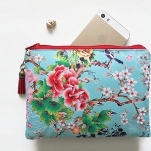 Presentes para mamãe, bolsa de costura, chinoiserie, bolsa de flor de cerejeira, carteira de viagem, bolsa pequena com zíper, bolsa carteira.