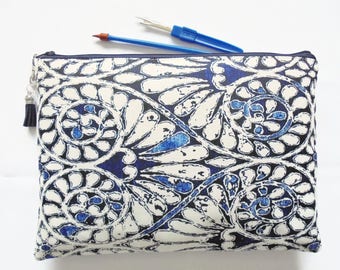 Gifts for her, Wash bag, indigo print, boho, pocket bag, travel bag, cosmetic bag, zip bag, make up bag, cosmetic pouch.