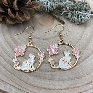 Earrings gold-colored cats enamel flower hanging earrings gift cat lovers