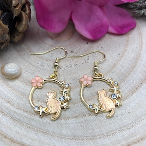 Earrings gold-colored cats enamel flower hanging earrings gift cat lovers
