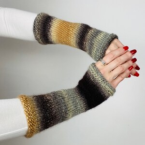Hand Knit Wool Fingerless Gloves: Brown Multicolor Arm Warmers