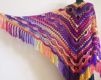 Burnt Orange Lace Fringe Shawl, Multicolor Wool Evening Wrap