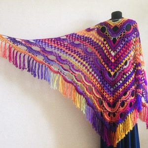 Burnt Orange triangle Shawl Fringe, Crochet plus size Wool Wraps, HandKnit lace Hippie Evening festival Scarf Multicolor Green Gray