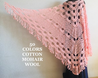 PINK Bride shawl wedding shawl Cotton Triangle shawl fringe Bridesmaid gift Mother wife her Bridal black lace shawl Boho Evening wrap
