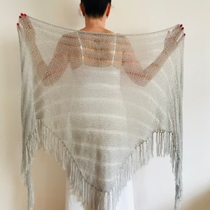 from USA Gray Mohair Wedding Shawl Fringe Triangle Shawl Sequins Bridal Shawl, Bride Wool Shawl Women, Bridesmaid Shawl Length 133/340cm image 6