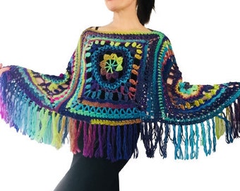 Blue Poncho Women Plus size, Gray wool Large Shawl, Loose knit fringe vest, Hand knit triangle lace scarf Hippie Evening Wraps Beige Black