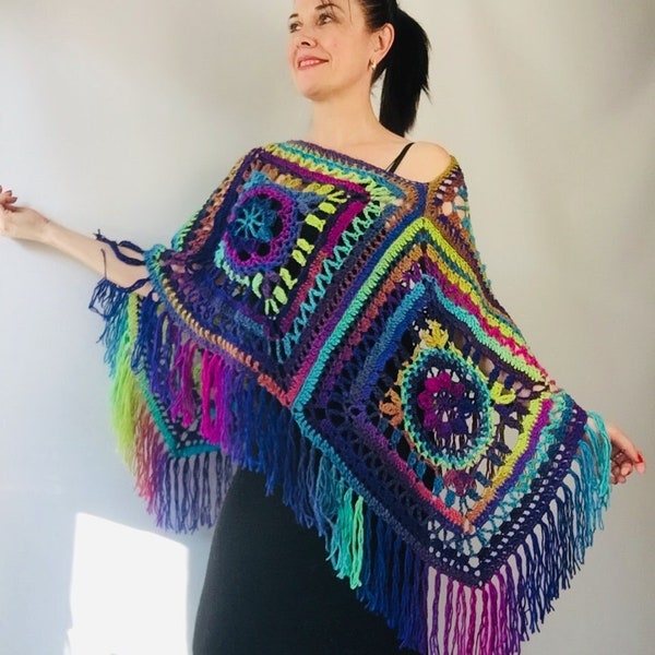 Violet wool poncho festival clothes granny square poncho crochet poncho women warm poncho fringe cape blanket poncho mexico poncho