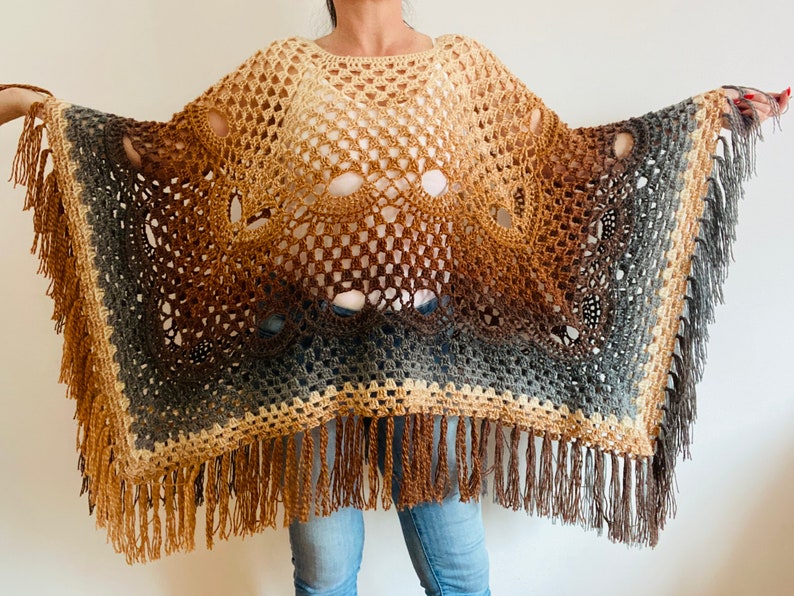 from USA Brown obsidian poncho women, gradient ombre crochet poncho, wool plus size poncho fringe, fall winter festival poncho cape image 6