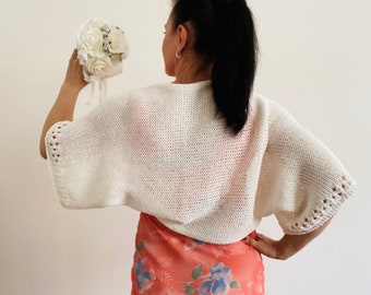 White bolero shrug short sleeves women cotton bolero shoulders wrap summer hand knit jacket blue beach cover up loose crop