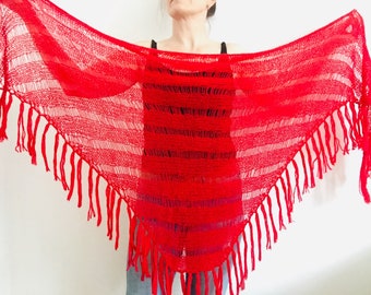 from USA Red Wool Shawl Fringe, Women Triangle wrap Mohair Wedding Bride Winter Bridal Shawl Anniversary Gift Wife Mom Length 51"/130cm