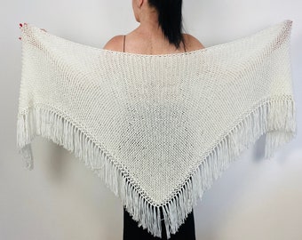 White alpaca shawl fringe fall winter wedding beige bridal shawl, bride capelet bridesmaid warm shoulder wrap Mohair triangle wool gift