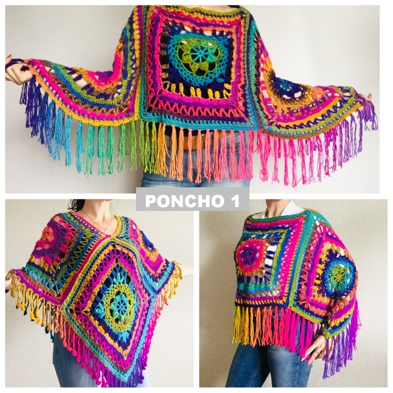 Rainbow Poncho Women Plus size Festival Vegan Pride Granny square Crochet Poncho Triangle Shawl Wraps Fringe