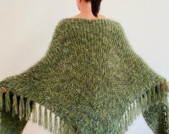 Olive Green Wool Shawl with Fringe: Faux Fur Bridal Wrap