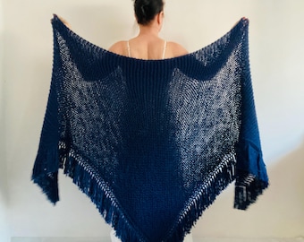 Navy Blue Alpaca Bridal Shawl Large Wool Triangle Wedding Wrap with Fringe