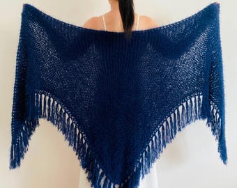 Navy Alpaca Bridal Fringe Shawl, Blue Wool Wedding Wrap