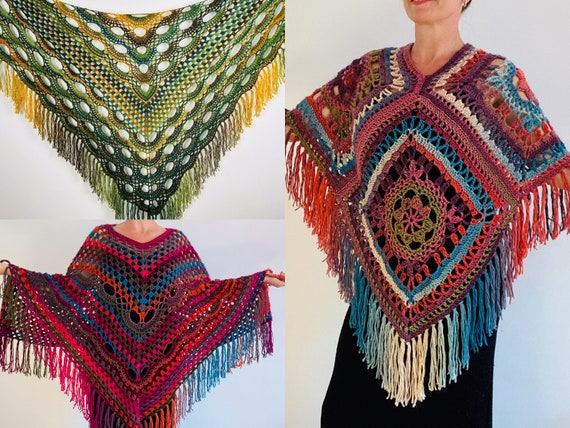Rainbow Crochet Shawl Neon Plus Size Poncho Granny Square | Etsy
