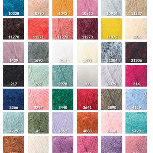 May include: A grid of yarn skeins in various colors, each labeled with a number. Colors range from teal and mustard to deep red and lavender. The image showcases a diverse palette of yarn options for crafting projects.