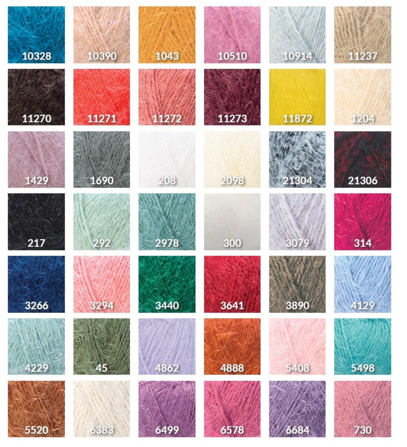 May include: A grid of yarn skeins in various colors, each labeled with a number. Colors range from teal and mustard to deep red and lavender. The image showcases a diverse palette of yarn options for crafting projects.