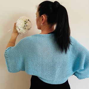 Turquoise Cotton Bolero Short Sleeves, Blue Beach Cover Up, Summer Shoulders Wrap Hand Crocheted, Crochet Loose Crop, Hand Knit Jacket image 1