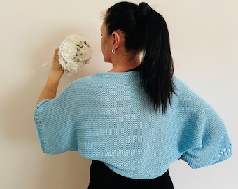 Turquoise Cotton Bolero Short Sleeves, Blue Beach Cover Up, Summer Shoulders Wrap Hand Crocheted, Crochet Loose Crop, Hand Knit Jacket