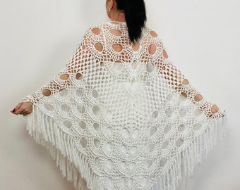 White Wool Wedding Shawl: Fringe Bridal Wrap, Bridesmaid Cover-Up