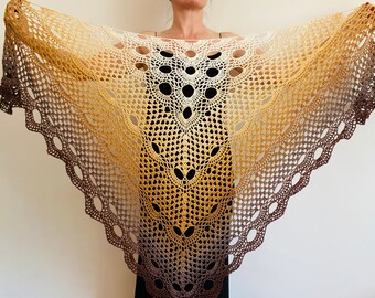 from USA Gold Cotton Boho Shawl Women, Summer Triangle Shawl Fringe, Gradient Shawl, Evening Shoulder Wrap, Hand Crocheted Shawl Festival