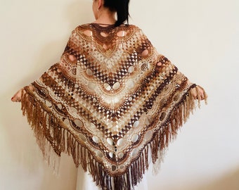 Brown Cotton Fringe Shawl, Lace Triangle Wrap, Summer Beach Cover Up