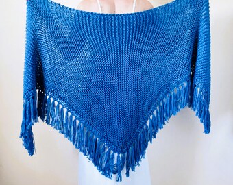 Blue Alpaca Bridal Fringe Shawl, Large Wool Wedding Evening Wrap, Bridesmaid Gift