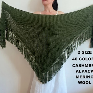 Green Wedding Shawl Fringe Wrap Alpaca, Wool Bridal Shawl,  Bride Shawl, Women Triangle Shoulder Wrap, Hand Knit Bridesmaid Shawl